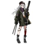  1girl assault_rifle beanie belt between_fingers black_footwear black_gloves black_headwear black_shorts blush_stickers boots brown_eyes coat colored_shoe_soles full_body g11_(autumn_nap_as_you_will_xi)_(girls&#039;_frontline) g11_(girls&#039;_frontline) girls&#039;_frontline gloves goggles goggles_on_head green_coat grey_hair gun h&amp;k_g11 hat holding holding_magazine_(weapon) kneehighs long_hair looking_at_viewer magazine_(weapon) midriff navel nishiro_ryoujin official_alternate_costume official_art orange_belt purple_scarf red_socks rifle scarf shirt shorts simple_background single_kneehigh single_sock socks solo standing sticker sticker_on_arm thigh_pouch transparent_background very_long_hair weapon white_shirt 