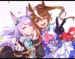  2girls ascot black_coat black_gloves blue_bow blue_bowtie bow bowtie brown_hair buttons coat double-breasted dress frilled_sleeves frills gloves hair_bow highres horse_girl jyanjyan long_hair mejiro_mcqueen_(umamusume) multicolored_hair multiple_girls one_eye_closed open_mouth pink_ascot pink_bow purple_eyes purple_hair sidelocks simple_background smile streaked_hair teeth tokai_teio_(umamusume) umamusume v very_long_hair white_background white_dress 