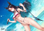  1girl adsouto animal_ears arknights beach bikini black_hair blush breasts dobermann_(arknights) dog_ears dog_tail highres long_hair medium_breasts mole mole_under_eye navel signature skindentation string_bikini swimsuit tail thick_eyebrows whip yellow_eyes 