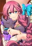  1girl akane_kazami blue_eyes bow bracelet braid braided_ponytail cat celine_(sen_no_kiseki) closed_eyes dated earrings eiyuu_densetsu hair_between_eyes hair_ornament highres jewelry long_hair looking_at_viewer necklace pink_hair sen_no_kiseki sen_no_kiseki_iii signature single_braid smile tail tail_bow tail_ornament 