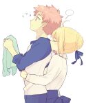  1boy 1girl 87banana ? artoria_pendragon_(fate) blonde_hair blue_bow blue_dress bow braid closed_eyes couple dress emiya_shirou fate/stay_night fate_(series) french_braid hair_bun hair_ribbon holding holding_towel hug hug_from_behind raglan_sleeves red_hair ribbon saber shirt towel white_shirt 