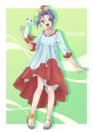  1boy blue_hair chimecho crossdressing dress green_eyes highres james_(pokemon) non-web_source open_mouth pokemon pokemon_(anime) pokemon_(creature) ribbon sandals team_rocket toes tsukino_mi 