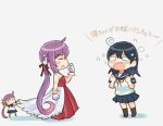  3girls ahoge akebono_(kancolle) black_hair black_sailor_collar black_skirt chibi commentary_request dress fairy_(kancolle) gloves hair_ribbon jealous kantai_collection long_hair multiple_girls o_o off-shoulder_dress off_shoulder official_alternate_costume open_mouth pleated_skirt purple_hair red_dress ribbon saiguchi_otoufu sailor_collar side_ponytail skirt train_(clothing) translation_request ushio_(kancolle) very_long_hair white_background white_gloves 