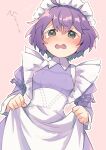  1girl alternate_costume apron apron_grab apron_lift bernadetta_von_varley blush dress fire_emblem fire_emblem:_three_houses frilled_apron frills maid maid_apron maid_headdress purple_dress purple_eyes purple_hair short_hair solo sweatdrop tearing_up tefutene watermark wavy_mouth 