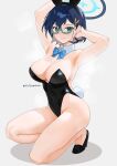  1girl absurdres animal_ears armpits arms_up bare_legs black_leotard blue_archive blue_bow blue_bowtie blue_hair bow bowtie breasts chihiro_(blue_archive) closed_mouth detached_collar fake_animal_ears futsukayoi glasses green_eyes hair_ornament hairclip halo high_heels highres large_breasts leotard looking_at_viewer rabbit_ears rabbit_hair_ornament rabbit_tail short_hair smile solo squatting tail thighs 