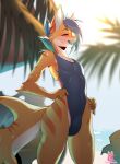 2023 anthro beach blue_hair blue_tongue blurred_background clothed clothing countershade_face countershade_neck countershade_torso countershading digital_drawing_(artwork) digital_media_(artwork) eyes_closed fish gills girly hair happy hi_res jyxa male marine multicolored_body nervous_lotus one-piece_swimsuit open_mouth orange_body palm_tree plant requiem_shark seaside shark signature sky solo swimwear tiger_shark tongue tree water white_body 