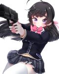  :3 ahoge aiming black_hair black_skirt blush bow bowtie collared_shirt commentary_request floating_hair gun hair_ribbon half_updo handgun highres holding holding_gun holding_weapon light_smile long_hair looking_ahead miniskirt miwa_(misui7d) nijisanji outstretched_arms pink_bow pink_bowtie pink_ribbon plaid plaid_skirt pleated_skirt purple_eyes raised_eyebrows ribbon school_uniform shirt simple_background skirt sweater thick_eyebrows tsukino_mito tsukino_mito_(1st_costume) two-handed virtual_youtuber weapon white_background yellow_sweater 