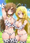  2girls ahoge animal_print aoi_manabu arm_up armpits bare_shoulders bell blonde_hair blush breast_hold breasts brown_hair choker cleavage collarbone cow_girl cow_print cow_print_bikini cowbell day drill_hair elbow_gloves field gloves grasslands groin hayate_no_gotoku! highres large_breasts long_hair maria_(hayate_no_gotoku!) multiple_girls navel neck_bell outdoors red_eyes senran_kagura senran_kagura_estival_versus senran_kagura_shinovi_versus shiny_skin sideboob signature sky stomach sweat tennousu_athena thighhighs thighs tree 