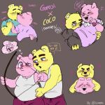  2023 anthro bear blush bottomwear carrying clothing coco_(unicorn_wars) duo english_text eyes_closed gordi_(unicorn_wars) hi_res kissing male male/male mammal pants pink_body sciaecallo shirt slightly_chubby tail tail_motion tailwag text tongue tongue_out topwear unicorn_wars yellow_body 