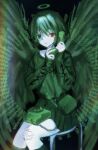  1girl bag corded_phone eyepiece gauze green_theme halo hankyuma highres holding holding_phone long_sleeves looking_at_viewer original parted_lips phone red_eyes scouter short_hair shoulder_bag sitting skirt solo spot_color stool sweater 