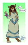  anthro biped breasts brown_body brown_fur canid canine clothed clothing dialogue english_text female fur hi_res lunarspy mammal potion solo text 