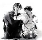  2boys eren_yeager from_behind greyscale hand_on_another&#039;s_head levi_(shingeki_no_kyojin) looking_at_another male_focus monochrome multiple_boys scolding shingeki_no_kyojin short_hair side-by-side sitting sn_kaky three-dimensional_maneuver_gear 
