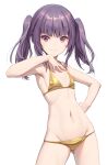  1girl alice_gear_aegis ass_visible_through_thighs bikini breasts halterneck hand_on_own_chest hand_on_own_hip highres ichijou_ayaka navel pinakes purple_eyes purple_hair sidelocks simple_background small_breasts smile solo string_bikini swimsuit twintails white_background yellow_bikini 