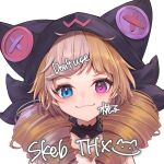  1girl :3 black_bow black_hood blue_eyes blush bow brown_hair buttons drill_hair grey_hair gwen_(league_of_legends) hair_bow heterochromia highres hood hood_up league_of_legends looking_at_viewer momikodayo multicolored_hair pink_eyes portrait simple_background smile solo soul_fighter_gwen twin_drills twintails two-tone_hair white_background 