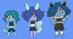  2020 anthro anthrofied athletic_wear barefoot big_eyes black_bottomwear black_clothing black_crop_top black_inner_ear black_shorts black_topwear blastoise blue_background blue_body blue_bottomwear blue_clothing blue_crop_top blue_hair blue_shorts blue_topwear bottomwear brown_eyes chibi clothed clothing crop_top digital_media_(artwork) evolutionary_family eyelashes eyelashes_through_hair eyeshadow featureless_feet featureless_hands featureless_limbs feet female fighting_pose fluffy fluffy_tail generation_1_pokemon green_hair group hair hair_over_eye half-closed_eyes hands_on_hips head_wings hi_res leg_wraps makeup mouth_closed multicolored_body mythrica narrowed_eyes nintendo one_eye_obstructed open_mouth pink_eyes pokemon pokemon_(species) pokemorph pose prick_ears purple_body purple_eyes purple_eyeshadow purple_hair reptile scalie shell shirt short_hair shorts simple_background smile squirtle tail tan_body teal_hair topwear translucent translucent_hair trio turtle two_tone_body wartortle wings wraps 