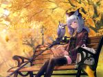  1girl absurdres arknights autumn_leaves bag bench bird black_headwear black_skirt black_thighhighs book breasts calendar_(medium) cardigan company_name copyright_name day feet_out_of_frame grey_hair hair_ornament hat highres holding holding_book infection_monitor_(arknights) jewelry light_rays long_hair long_sleeves looking_at_viewer name_connection necklace october official_alternate_costume official_art official_wallpaper open_book open_cardigan open_clothes outdoors owl owl_ears ptilopsis_(arknights) ptilopsis_(serenity)_(arknights) purple_cardigan rhine_lab_logo sitting skirt small_breasts solo staff sweater thighhighs yellow_eyes yellow_sweater you_shimizu 