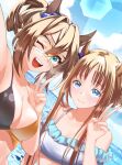  2girls absurdres alternate_hairstyle animal_ears bare_shoulders bikini blue_bikini blue_eyes breasts brown_hair cleavage closed_mouth cloud day domino_mask el_condor_pasa_(umamusume) fangs gmmrn grass_wonder_(umamusume) green_eyes hand_up highres horizon horse_ears lens_flare long_hair mask multicolored_bikini multicolored_clothes multiple_girls ocean open_mouth outdoors outstretched_arm photoshop_(medium) ponytail selfie short_hair small_breasts smile swimsuit umamusume upper_body v 