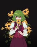  1girl adapted_costume black_background commentary english_commentary flower green_hair highres holding holding_flower juliet_sleeves kazami_yuuka long_sleeves looking_at_viewer puffy_sleeves rabbitfolly red_eyes red_skirt red_vest shirt short_hair simple_background skirt solo sunflower touhou vest white_shirt 