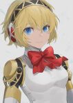  1girl aegis_(persona) android black_hairband blonde_hair blue_eyes bow bowtie closed_mouth commentary_request gold_trim hair_between_eyes hairband headphones isa_(peien516) looking_at_viewer persona persona_3 red_bow red_bowtie robot_ears short_hair simple_background smile solo white_background 