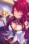  1girl bare_shoulders breasts cheese_trail cleavage crystal_wings detached_sleeves detached_wings dress earrings eating food from_above halo highres holding holding_food holding_pizza hololive hololive_english horns irys_(1st_costume)_(hololive) irys_(hololive) jewelry large_breasts long_hair long_sleeves multicolored_hair pizza pizza_slice pointy_ears purple_hair purple_nails purple_skirt red_hair sitting skirt smile solo star_halo streaked_hair thighhighs very_long_hair virtual_youtuber white_dress wings zacky zettai_ryouiki 