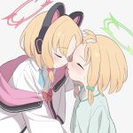  2girls animal_ear_headphones animal_ears aqua_necktie atat250 blonde_hair blue_archive blush bow buttons closed_eyes closed_mouth collared_shirt face-to-face fake_animal_ears green_bow green_halo hair_bow halo headphones highres jacket long_sleeves midori_(blue_archive) momoi_(blue_archive) multiple_girls necktie open_mouth red_bow red_halo shirt short_hair siblings simple_background sisters twins white_background white_jacket white_shirt 
