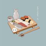  aristomeow blue_background choko_(cup) chopsticks cup fish_(food) food food_focus highres ikura_(food) nigirizushi no_humans omelet original pixel_art rice sacabambaspis scallop shrimp simple_background sushi tamagoyaki tokkuri 