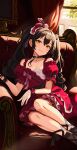  1girl absurdres ankle_lace-up black_choker brown_hair choker couch detached_sleeves dress drill_hair gloves hair_ornament hat highres idolmaster idolmaster_cinderella_girls idolmaster_cinderella_girls_u149 long_hair looking_at_viewer matoba_risa mini_hat on_couch qingli_ye red_dress red_headwear smile solo twintails yellow_eyes 