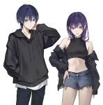  1boy 1girl alternate_costume black_hoodie black_jacket black_pants black_shirt blue_eyes blue_hair casual commentary_request crop_top denim denim_shorts genshin_impact halterneck hand_in_pocket hand_on_own_hip highres hood hoodie jacket korean_commentary long_hair muetxv open_clothes open_jacket pants purple_eyes purple_hair raiden_shogun scaramouche_(genshin_impact) shirt shorts simple_background white_background 