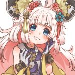  1girl ahoge animal_ears bare_shoulders blue_eyes dragalia_lost flower gloves hair_flower hair_ornament hair_ribbon highres long_hair looking_at_viewer mitsuhide_(dragalia_lost) mouse_ears po_pooch purple_gloves red_ribbon ribbon smile solo teeth two-tone_gloves upper_body very_long_hair white_background white_gloves white_hair 