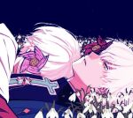  2boys asuka_r._kreutz clone closed_mouth colored_eyelashes compass_rose_halo eyepatch flower guilty_gear guilty_gear_strive halo looking_at_viewer lying male_focus multiple_boys short_hair snowdrop_(flower) tb_(spr1110) upper_body white_flower white_hair yellow_eyes 