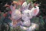  ^_^ artist_name black_eyes blurry blurry_foreground blush branch bright_pupils buck_teeth bunnelby closed_eyes commentary_request depth_of_field flower grass highres light_rays looking_at_another minccino no_humans nullma on_grass one_eye_closed open_mouth outdoors pink_flower plant pokemon pokemon_(creature) shade signature sitting smile teeth white_pupils 