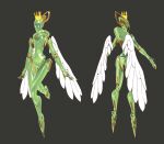  1girl a-pose bird colored_skin concept_art crow echo_(overwatch) english_commentary green_skin highres humanoid_robot kejun66 leg_lift monster_girl no_mouth official_alternate_costume official_art open_hands overwatch overwatch_2 queen robot second-party_source simple_background slime_girl solo white_eyes white_wings wings 