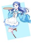  1girl apron blue_dress blue_eyes blue_hair commentary_request dress eyelashes happy high_heels highres hugtto!_precure looking_at_viewer maid maid_apron matatabi_(karukan222) precure smile solo yakushiji_saaya 