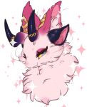  animal_ear_fluff animal_focus blue_eyes blush cait_sith_(dragalia_lost) closed_mouth colored_sclera commentary creature dragalia_lost ear_ornament english_commentary extra_ears fang half-closed_eyes happy horn_ornament horns ingi looking_at_viewer neck_fur no_humans portrait purple_horns simple_background skin_fang smile solo sparkle white_background yellow_sclera 
