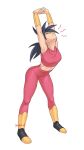  1girl absurdres black_hair boots cammy_stretch_(meme) closed_eyes commentary crop_top dragon_ball dragon_ball_super earrings english_commentary full_body highres interlocked_fingers jenxd_d jewelry kefla_(dragon_ball) long_hair meme midriff own_hands_together pants pink_pants pink_skirt potara_earrings signature skirt smile solo stretching vambraces 