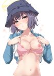  1girl absurdres bikini bikini_top_pull blue_archive blush breasts bucket_hat cleavage collarbone cum cum_on_body cum_on_breasts facial halo hat head_tilt highres large_breasts looking_at_viewer murabito_c navel nipples official_alternate_costume pink_bikini purple_hair rash_guard saki_(blue_archive) saki_(swimsuit)_(blue_archive) simple_background solo sweatdrop swimsuit underboob unzipped upper_body white_background 