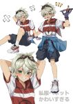  bandaid bandaid_on_face bandaid_on_nose bennett_(genshin_impact) bennett_(keep)_(genshin_impact) closed_eyes genshin_impact gloves goggles goggles_on_head green_eyes hair_between_eyes highres kousuke_(ko_suke) open_mouth shirt shoes short_hair shorts smile sneakers white_background 