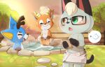  animal_crossing anthro bam_(animal_crossing) bathing beau_(animal_crossing) blush deer detailed_background dipstick_arms domestic_cat emanata eyes_closed eyewear felid feline felis freckles glasses group heterochromia hi_res holding_object holding_phone horn hot_spring male mammal navel nintendo phone raymond_(animal_crossing) smile smite_(artist) sunset tail towel towel_only trio water 