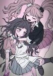  2girls :d apron bear_hair_ornament black_shirt blood blood_on_face blush boots breasts closed_mouth collared_shirt danganronpa:_trigger_happy_havoc danganronpa_(series) danganronpa_2:_goodbye_despair enoshima_junko gradient_background hair_ornament highres knee_boots large_breasts long_sleeves miniskirt multiple_girls nail_polish open_mouth pink_blood pink_shirt pisapipi pleated_skirt red_nails shirt skirt smile tearing_up tsumiki_mikan twintails white_apron 