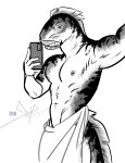  anthro bgn cellphone cyclostomata fish hi_res holding_object jawless_fish lamprey male marine muscular muscular_male nipples phone selfie simple_background solo tail towel towel_only white_background 