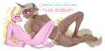  anthro blue_eyes blush bodily_fluids breast_size_difference breasts brown_body brown_fur english_text equid equine eureka_(oc) fan_character feet female female/female fur genitals hasbro hi_res horn humanoid_feet mammal my_little_pony parch_well_(oc) pink_body pink_fur plantigrade pussy redxbacon saliva scar simple_background small_breasts text unicorn white_background 