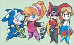  3boys 3girls android angry black_eyes black_gloves blank_speech_bubble blonde_hair blue_eyes bodysuit boots brown_hair ciel_(mega_man) closed_mouth covering_mouth crying gloves green_background green_eyes harpuia_(mega_man) hat headgear helmet highres holding_hands iris_(mega_man) leviathan_(mega_man) mega_man_(series) mega_man_x_(character) mega_man_x_(series) mega_man_zero multiple_boys multiple_girls one_eye_closed open_mouth own_hands_clasped own_hands_together pantyhose robot robot_girl sitting skirt smile speech_bubble standing thighhighs user_zhcx4787 white_gloves zero_(mega_man) 