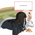  2girls black_hair black_sweater blonde_hair blush chinese_text closed_eyes commentary ear_blush fafayu fan_request food fruit hair_ribbon highres inoue_takina kiss kotatsu long_hair long_sleeves lycoris_recoil mandarin_orange marshmallow multiple_girls nishikigi_chisato one_eye_closed ribbon short_hair sidelocks sweater table translation_request under_kotatsu under_table white_background white_sweater yuri 