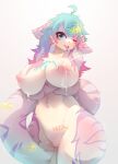  absurd_res big_breasts big_butt blue_eyes blue_hair bodily_fluids breasts butt female fur hair hi_res huge_breasts humanoid lactating long_tail milk pink_body pink_fur qavc solo tail 