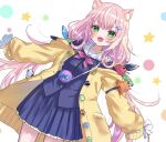  1girl :3 absurdres animal_ears armband blush cat_ears cowboy_shot fangs green_eyes hair_ornament highres jacket long_hair long_sleeves looking_at_viewer low_twintails multicolored_hair neckerchief nijisanji open_mouth pink_hair pleated_skirt pushpin ribbon-trimmed_sleeves ribbon_trim school_uniform serafuku shinzousan skirt sleeves_past_fingers sleeves_past_wrists smile solo streaked_hair twintails v-shaped_eyebrows very_long_hair virtual_youtuber yang_nari 