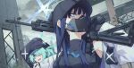  2girls armband assault_rifle backpack bag baseball_cap black_gloves blue_archive blue_eyes blue_hair cabbie_hat coat gloves green_hair grey_eyes grey_sky gun hair_over_one_eye halo hat highres hiyori_(blue_archive) mask mn3ga mouth_mask multiple_girls over_shoulder rifle saori_(blue_archive) signature sky weapon weapon_over_shoulder white_coat 