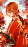  1boy autumn blurry blurry_background blurry_foreground closed_mouth collarbone commentary_request cross_scar hair_between_eyes hand_on_hilt highres himura_kenshin japanese_clothes katana kimono leaf long_hair long_sleeves low_ponytail male_focus maple_leaf maple_tree ogura_aoi outdoors partial_commentary red_eyes red_hair red_kimono rurouni_kenshin samurai scar scar_on_cheek scar_on_face sheath sheathed solo sword tree upper_body weapon wide_sleeves 