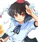 1girl ayaya~ bird_wings black_hair black_wings collared_shirt commentary hat hauchiwa highres looking_at_viewer pom_pom_(clothes) ramudia_(lamyun) red_eyes red_headwear shameimaru_aya shirt short_hair short_sleeves simple_background smile solo tokin_hat touhou upper_body white_background white_shirt wings 