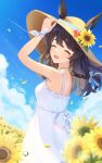  1girl alternate_costume animal_ears armpits black_hair blush breasts closed_eyes cloud daring_tact_(umamusume) flower hair_between_eyes hair_ornament hat highres horse_ears horse_girl kashmir_0808 long_hair medium_breasts open_mouth sky solo straw_hat sunflower sunflower_field umamusume 