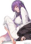  1girl barefoot black_coat blunt_bangs blush breasts coat dress fern_(sousou_no_frieren) hair_ornament half_updo hong_(white_spider) knee_up large_breasts long_hair long_sleeves looking_at_viewer off_shoulder open_mouth purple_eyes purple_hair sidelocks sitting solo sousou_no_frieren white_dress 